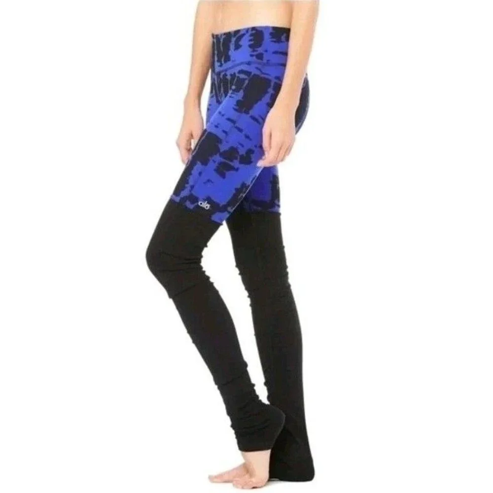 ALO Yoga Goddess Leggings Ribbed Blue Black Womens Activewear Athletic Sz Small